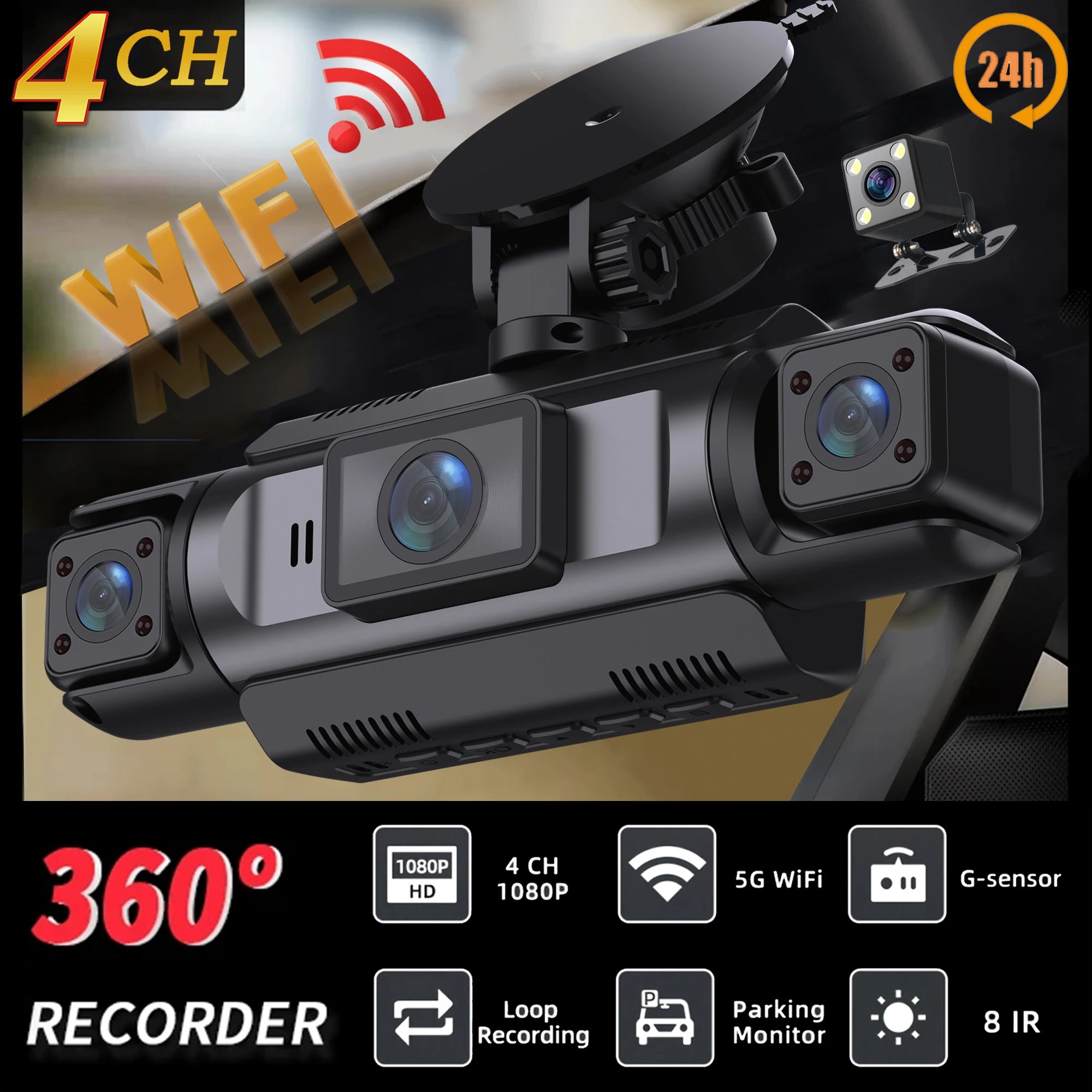 Dashcam WiFi 4 Caméras – Surveillance Voiture Full HD