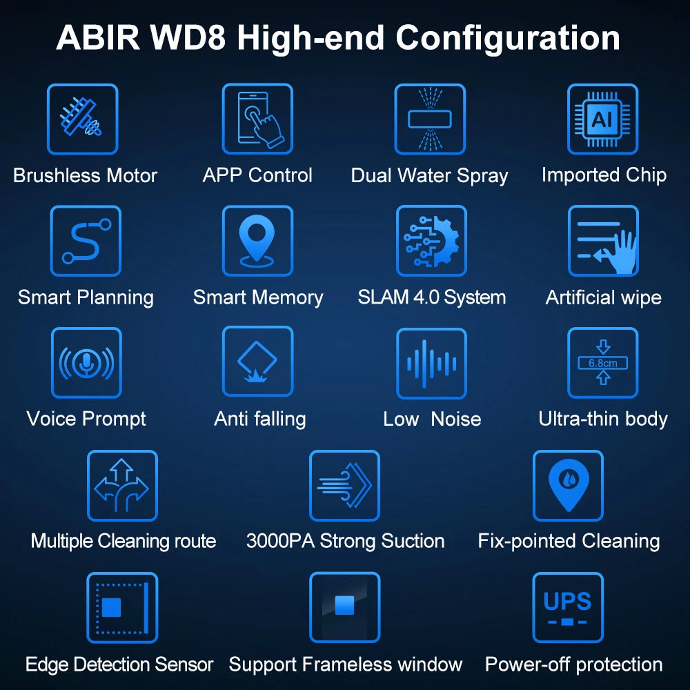 Robot Nettoyeur de Vitres ABIR WD8 – Double Spray Ultrasonique – Aspiration 3000Pa