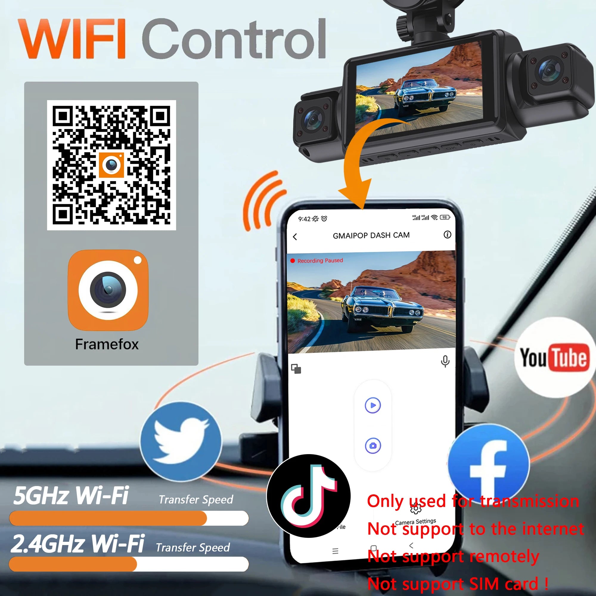 Dashcam WiFi 4 Caméras – Surveillance Voiture Full HD